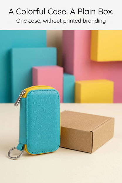 English packaging panel showing one turquoise case and one plain kraft box