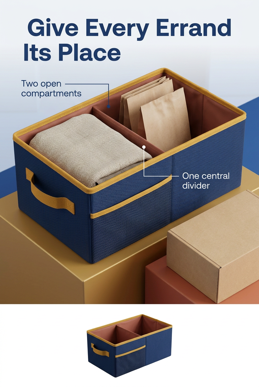 English detail image illustrating separate packing areas with blanket and shopping pouch props
