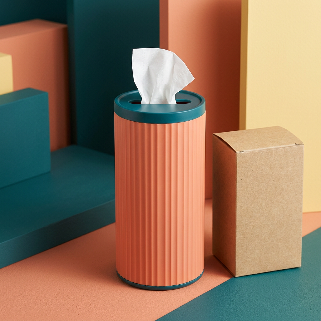 Main image of peach ribbed car tissue dispenser with teal top and base beside plain kraft box