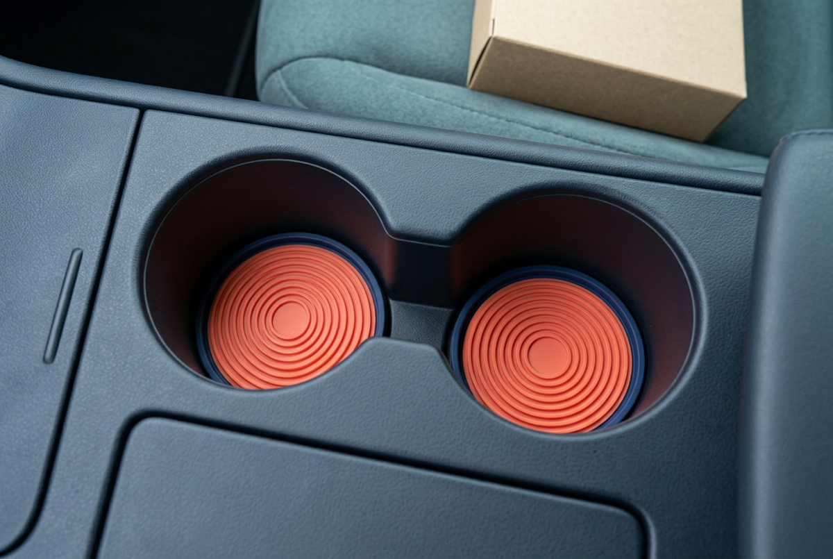 Illustrative parked car scene showing one coaster in each of two cup wells