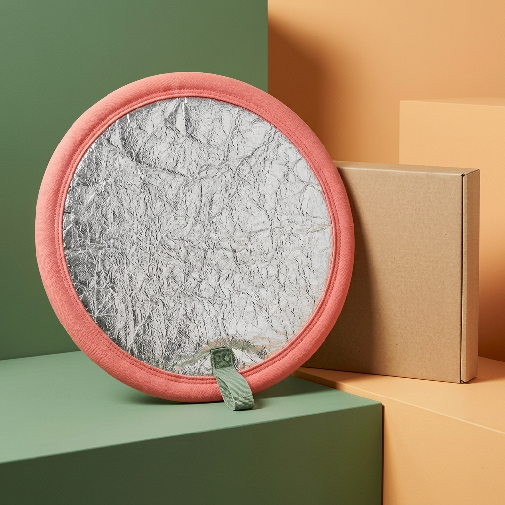 Angled studio main image of coral and sage steering wheel sun cover