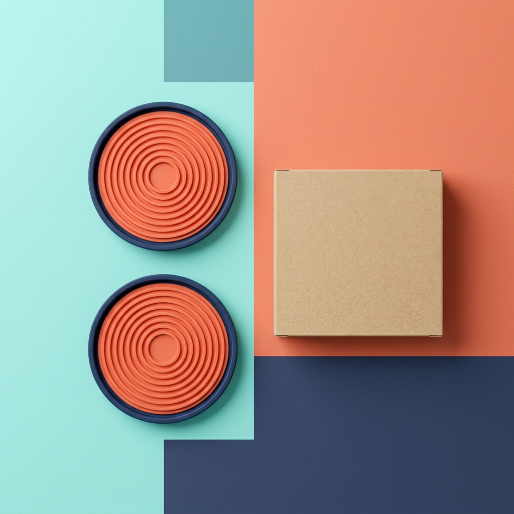 Overhead main image of matching two-piece coaster set and unprinted packaging