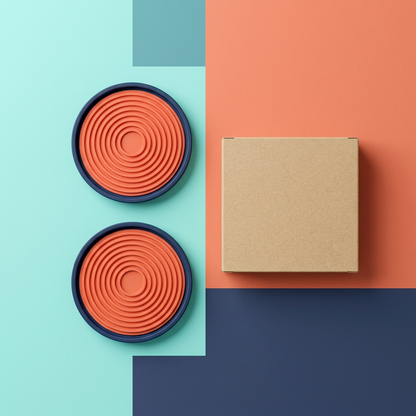 Overhead main image of matching two-piece coaster set and unprinted packaging