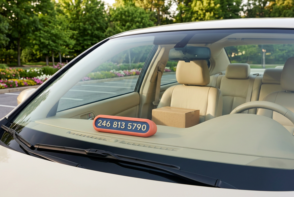 Illustrative lifestyle scene of sample number plaque in a safely parked car