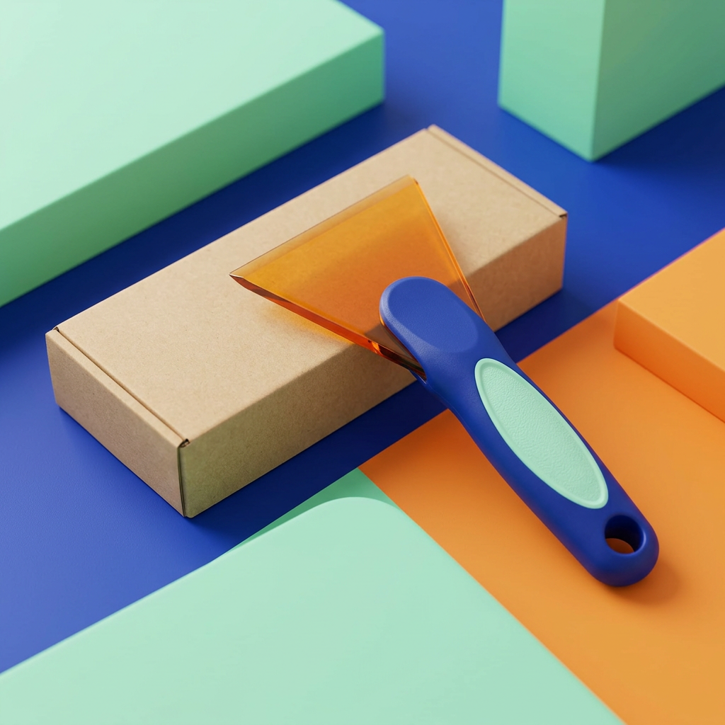 Main image of amber windshield frost scraper with cobalt and mint handle beside plain kraft box