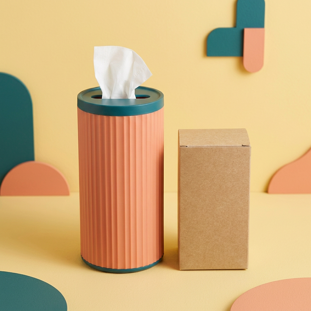 Single peach and teal tissue dispenser beside unprinted kraft packaging on butter-yellow background