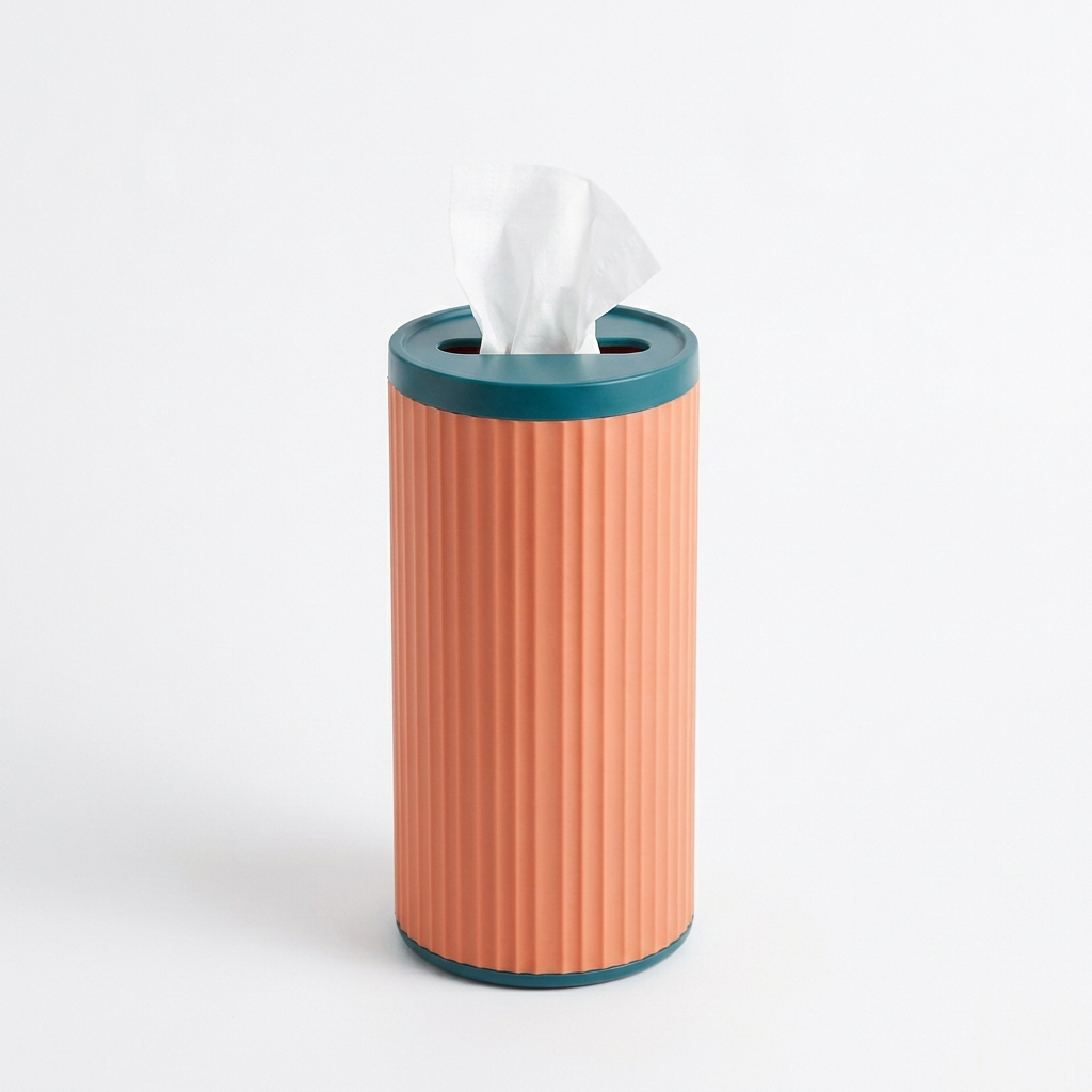 Single peach and teal tissue dispenser isolated on white background