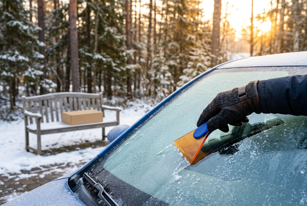 Winter lifestyle scene of gloved hand using matching scraper on a parked vehicle windshield