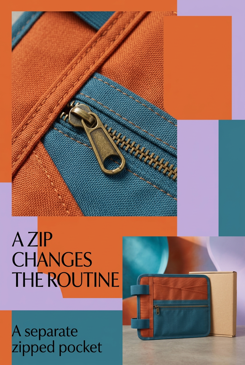 English close-up detail of brass-tone zipper and blue pocket