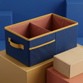 Main image of navy mustard and terracotta two-compartment trunk organizer with plain kraft box