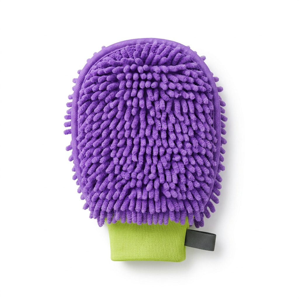 Single violet wash mitt with lime cuff isolated on white background
