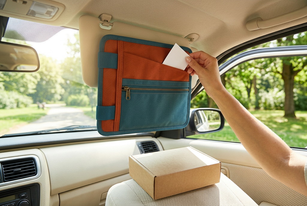 Illustrative parked-car scene showing a paper slip placed into visor organizer