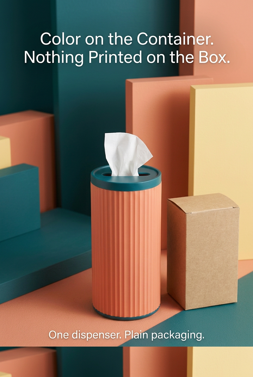 English packaging panel showing one tissue dispenser and one plain kraft box