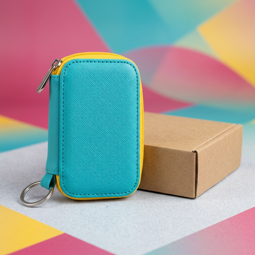 Main image of turquoise car key zip case with yellow zipper and plain kraft box