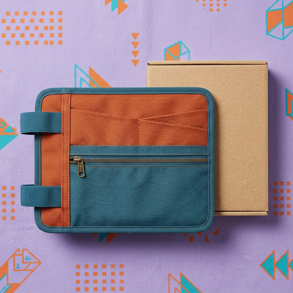 Overhead view of matching visor organizer and unprinted packaging on lavender