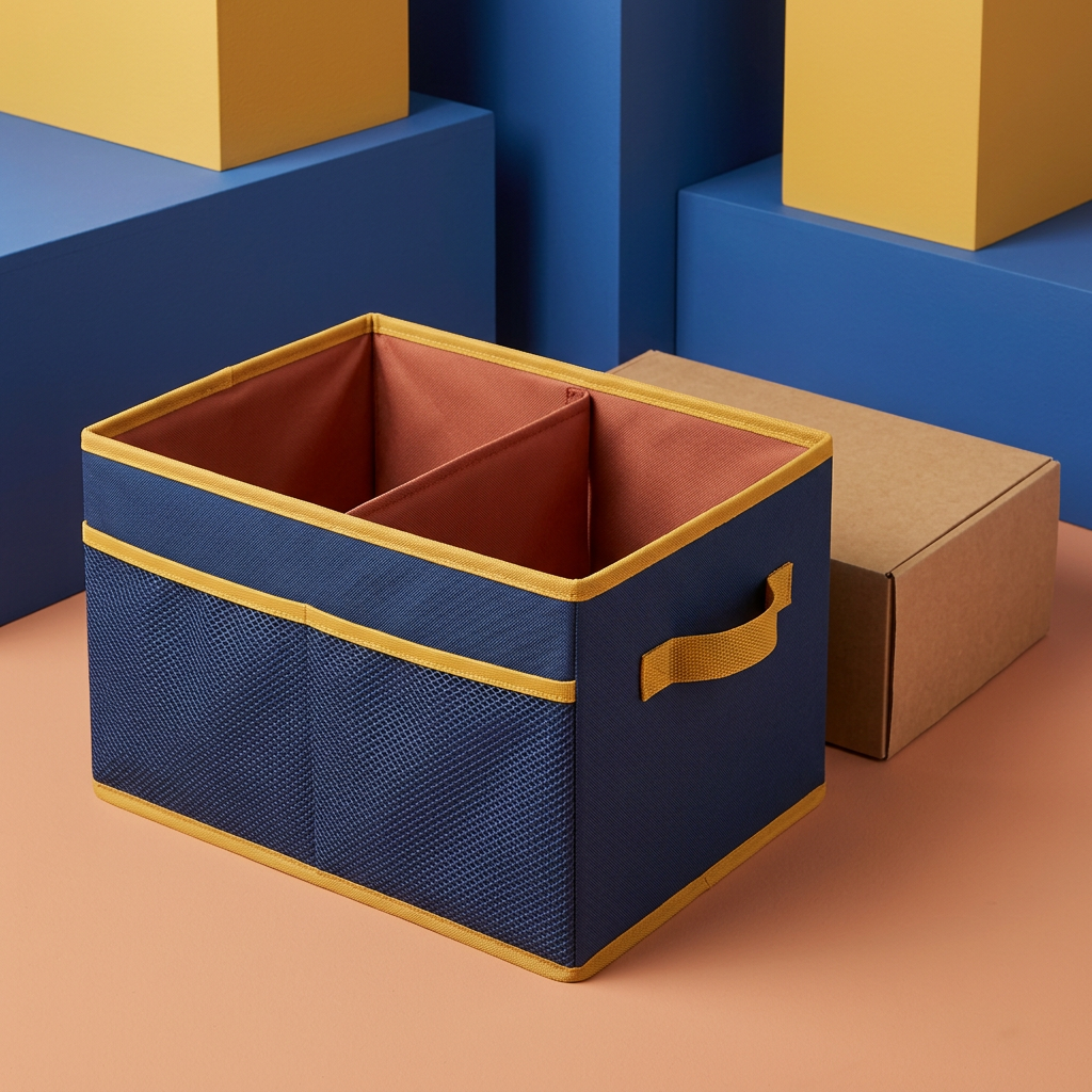 Single trunk organizer with contrasting mustard handles and unprinted kraft box in colorful studio setting