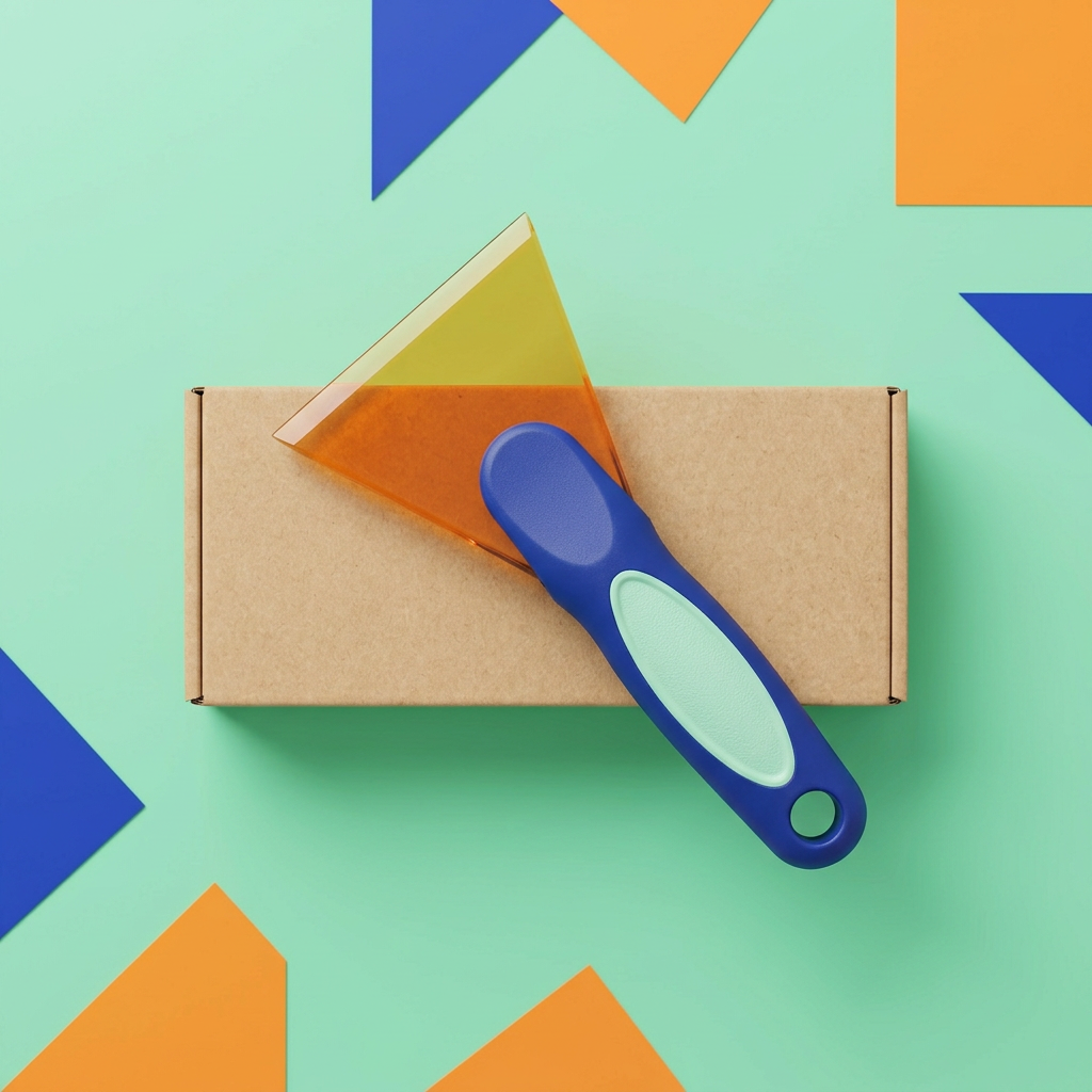 Overhead main image of matching scraper and unprinted kraft packaging on mint background