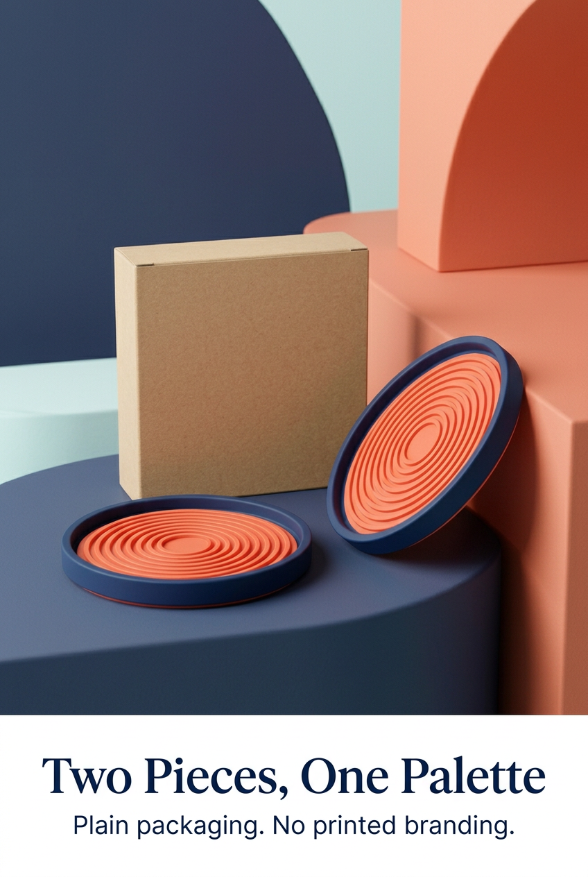 English packaging panel showing exactly two matching coaster inserts