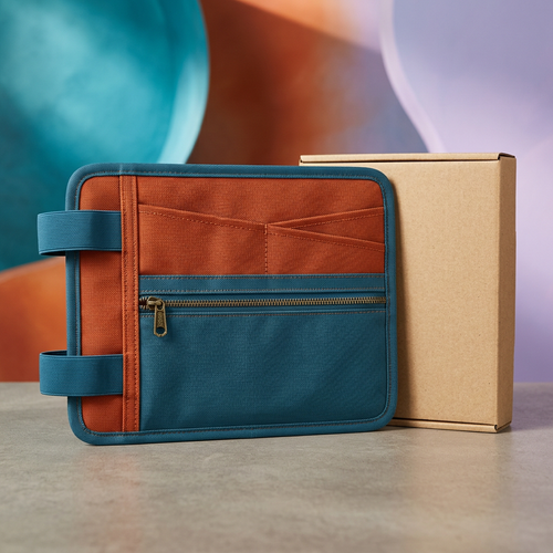 Main image of orange and petrol blue visor document organizer with plain kraft box
