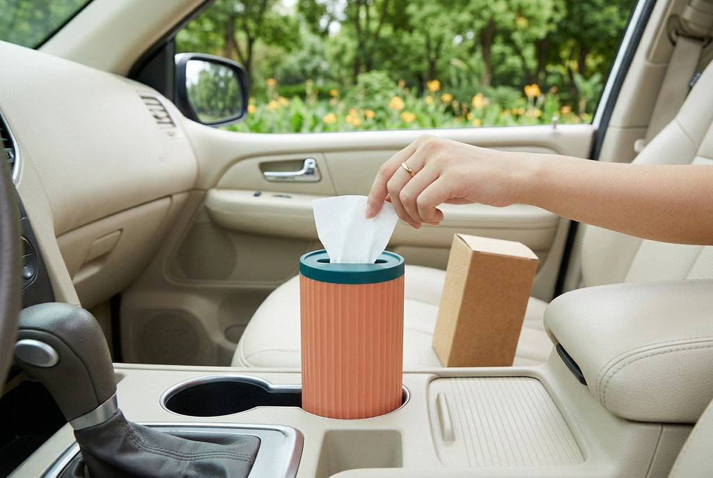 Lifestyle scene of passenger lifting tissue from dispenser in safely parked car