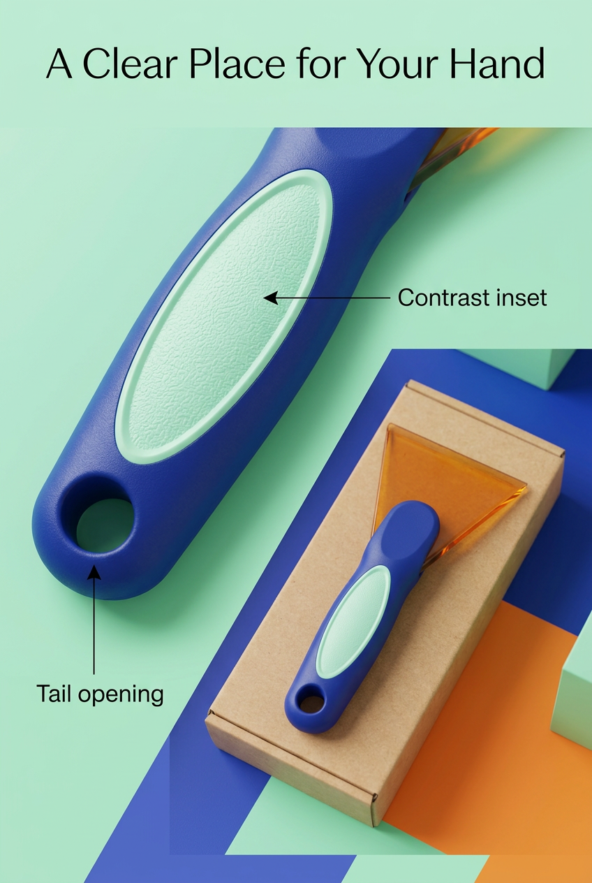 English handle detail panel showing mint inset and round tail opening
