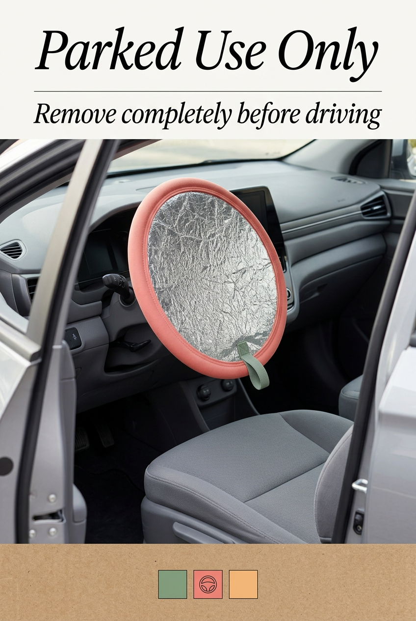 English parked-use-only panel reminding users to remove cover completely before driving