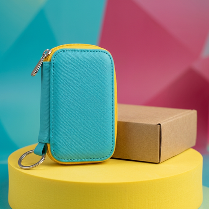 Turquoise and yellow key case on yellow podium beside plain kraft box
