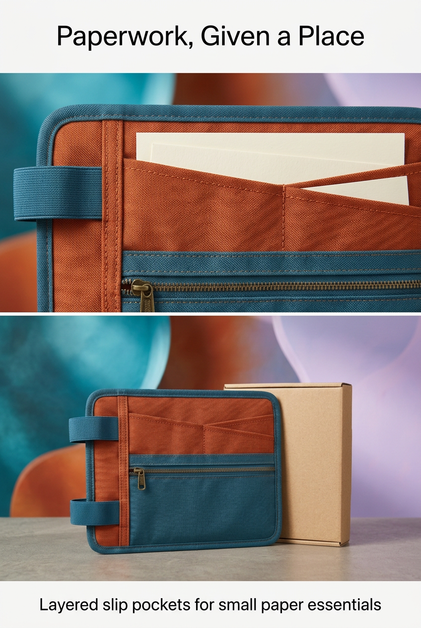 English detail panel showing layered slip pockets with blank paper props