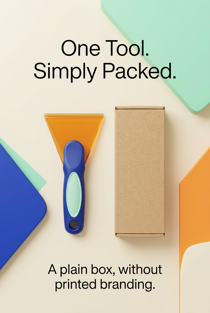 English packaging panel showing one scraper and one plain unbranded kraft box