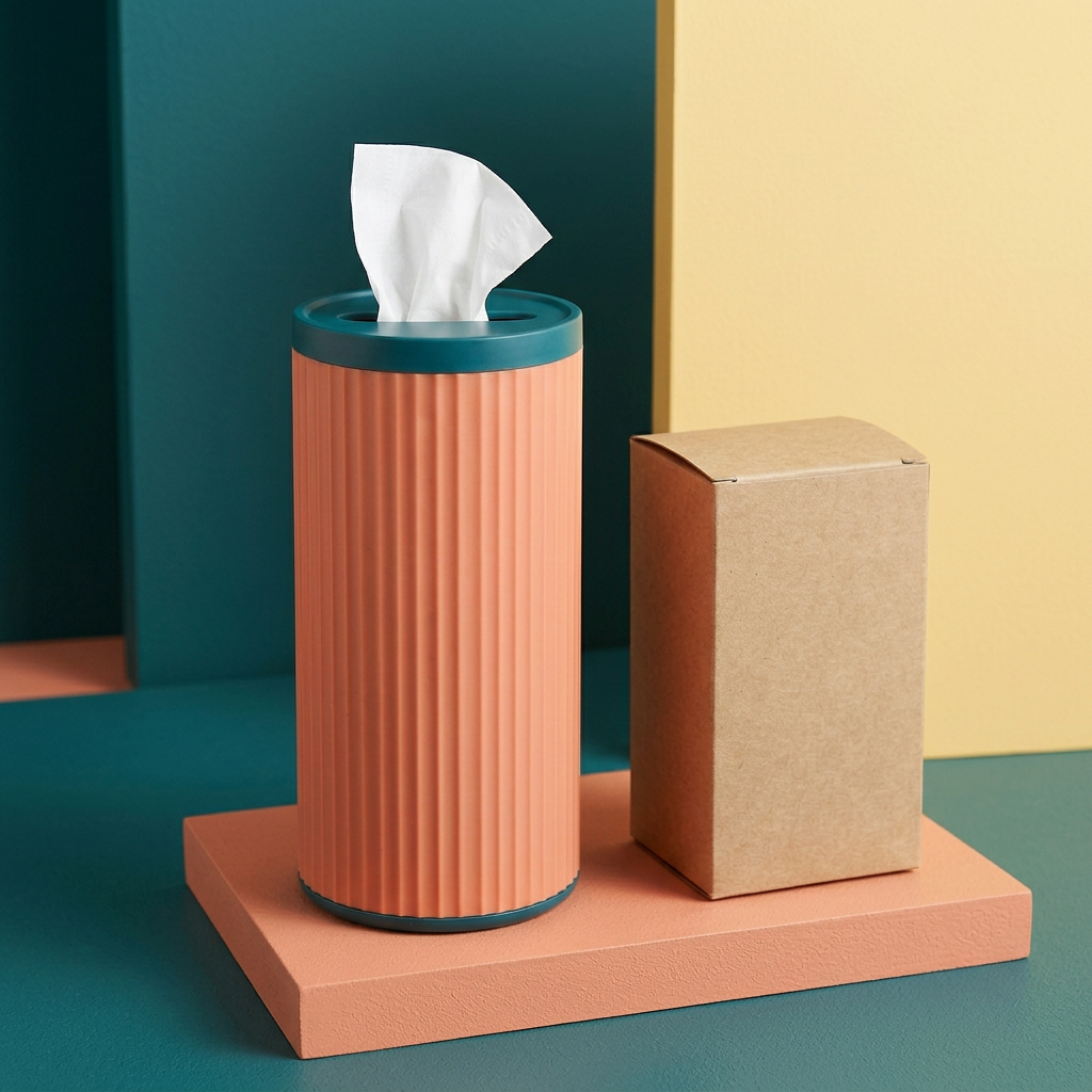 Angled main product image of ribbed tissue cylinder on peach podium