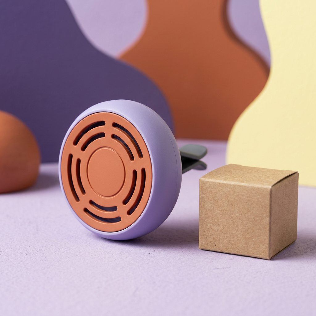 Main image of lavender and terracotta empty car vent fragrance holder beside plain kraft box