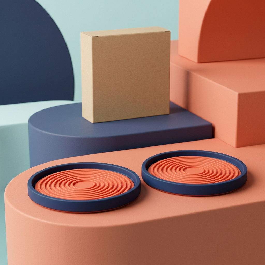 Low angle main image of two coral ring coasters with navy borders