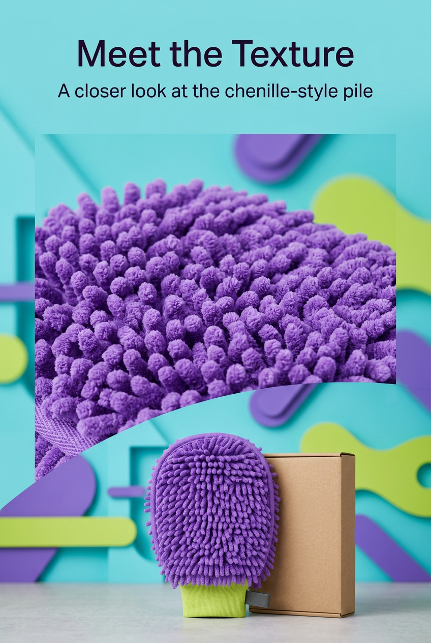 English detail panel showing close-up violet chenille-style tufted texture