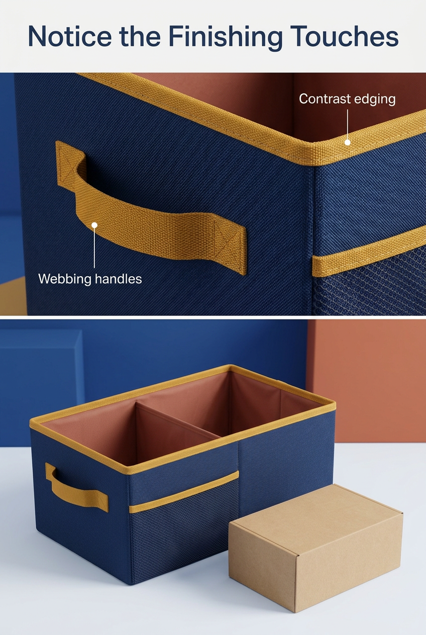 English detail image highlighting mustard webbing handle and contrast edging
