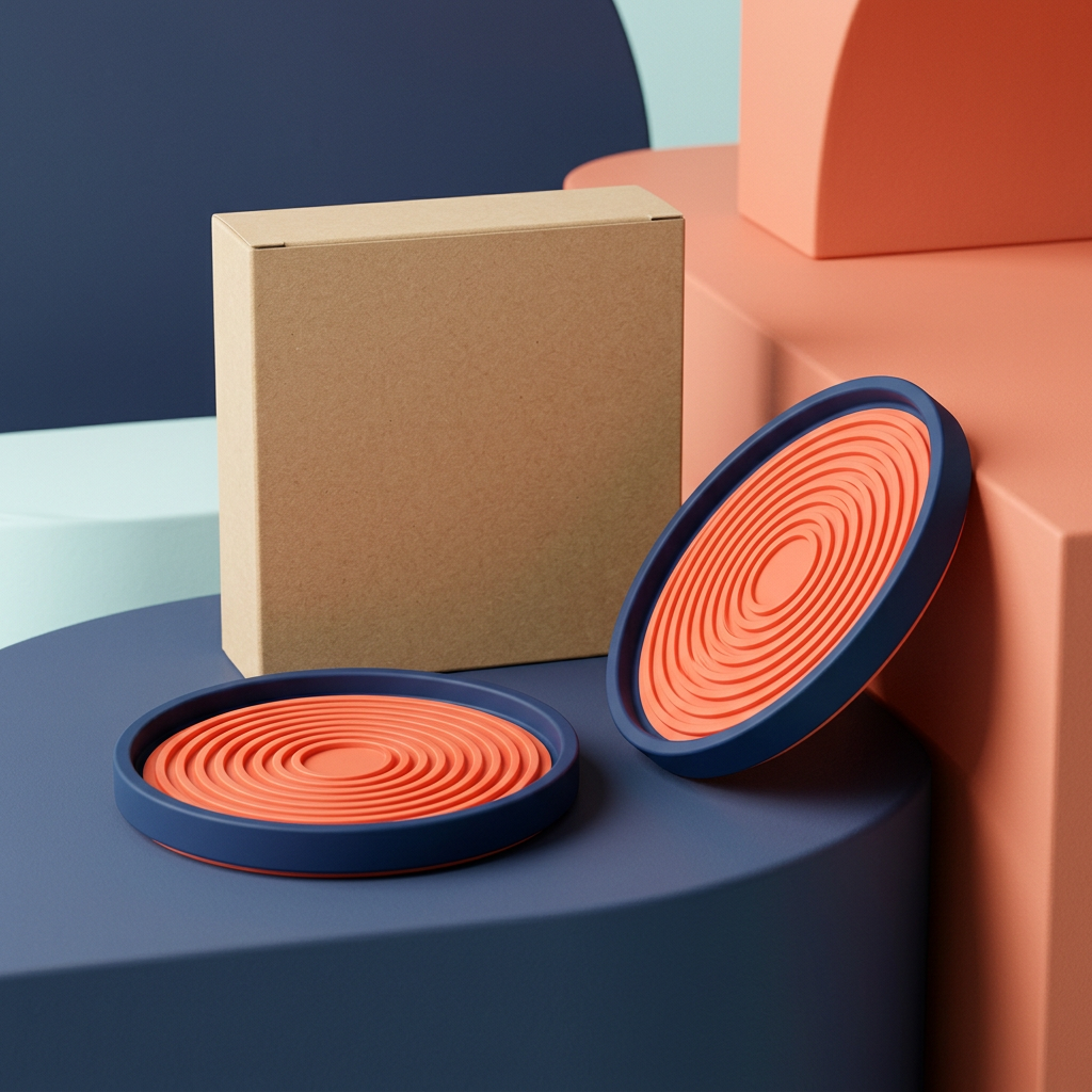 Main image of two navy and coral ripple cup coasters with plain kraft box