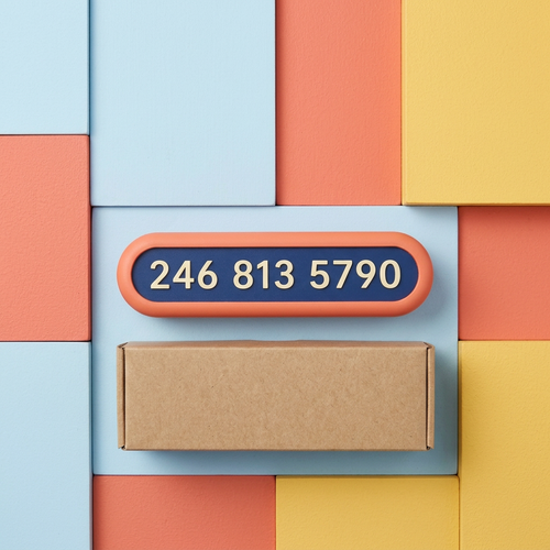 Overhead main image of parking plaque and unprinted box on blue coral and yellow background