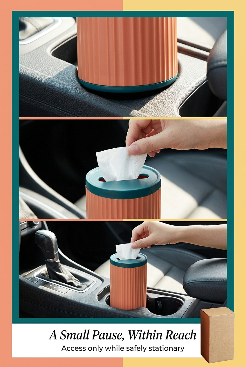 English parked-use panel showing a tissue lifted from the cylinder in a car console